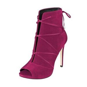 YDN Pink Women Peep Toe Faux Suede Ankle Booties Platform Stiletto Heels